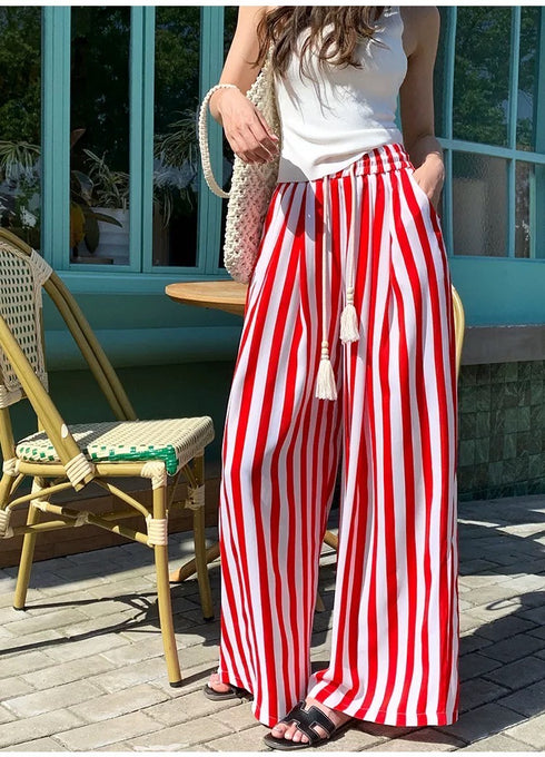 Ladies Wide Leg Stripes Long Trousers